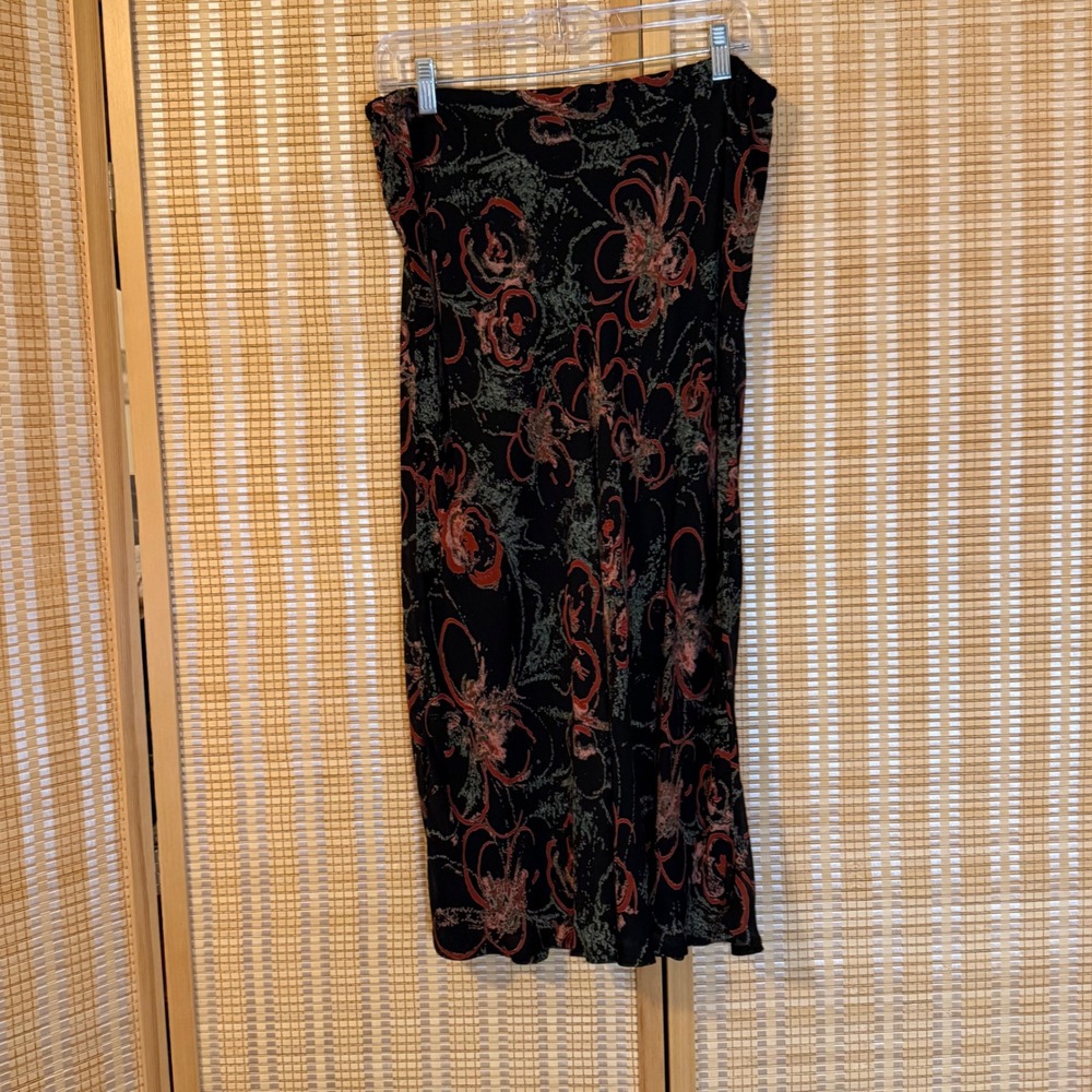 Salaam Womens Medium Black Floral Rayon Midi Skirt Elastic Waist Flowy Boho
